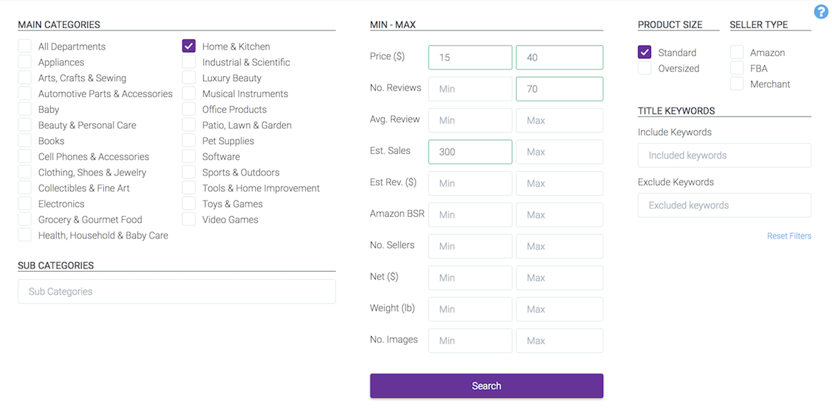 Product research filters